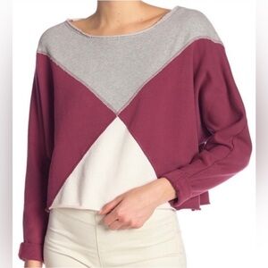 Free People Womens Montauk Sweatshirt Burgundy Colorblock Cropped size XS